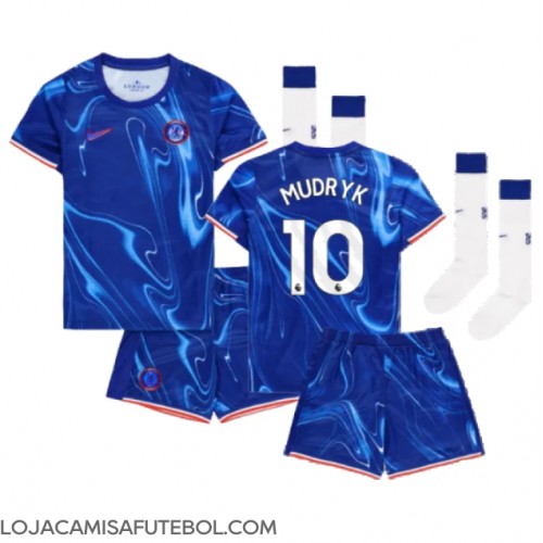 Camisa de Futebol Chelsea Mykhailo Mudryk #10 Equipamento Principal Infantil 2024-25 Manga Curta (+ Calças curtas)